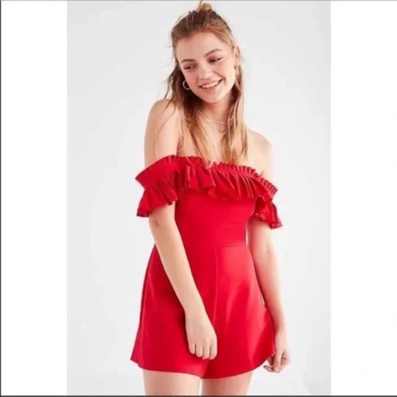 Urban Outfitters Red Off Shoulder Ruffle Romper - Picture 1 of 12